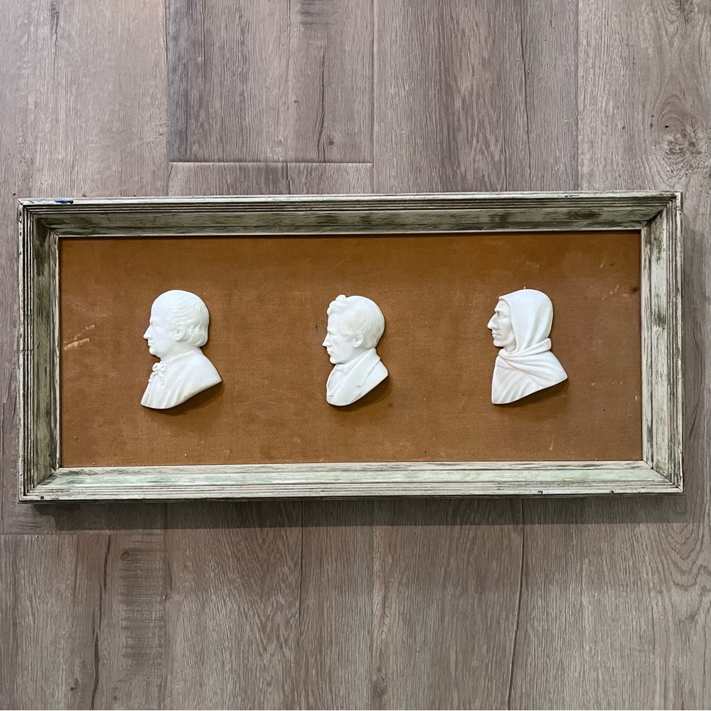RARE Antique Italian Grand Tour Carved Marble Portrait Profile‎ 3 PCs Framed
